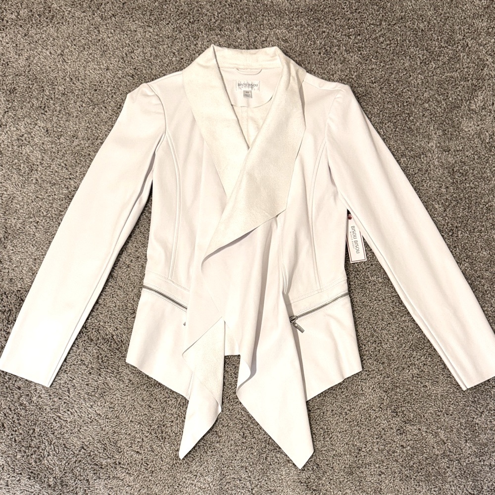 Bisou Bisou White Faux Leather Blazer with Draped Front- Size XS